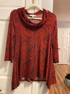 Chaus Red and Navy Paisley Cowl Neck Tunic